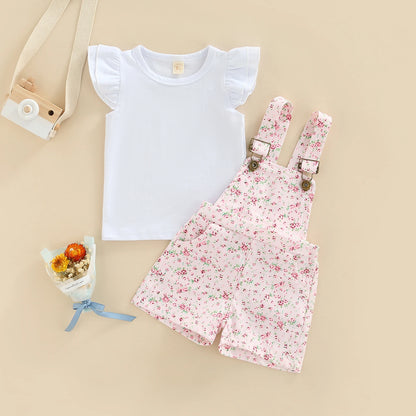 Kids Clothes Girls Summer Outfits Children Clothing Short Sleeve Round Neck Tops + Flowers Printed Suspender Short Pants Set Leedoar