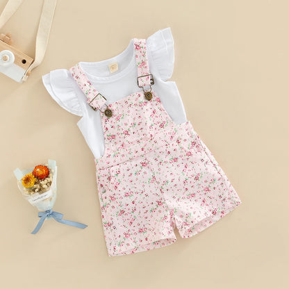 Kids Clothes Girls Summer Outfits Children Clothing Short Sleeve Round Neck Tops + Flowers Printed Suspender Short Pants Set Leedoar