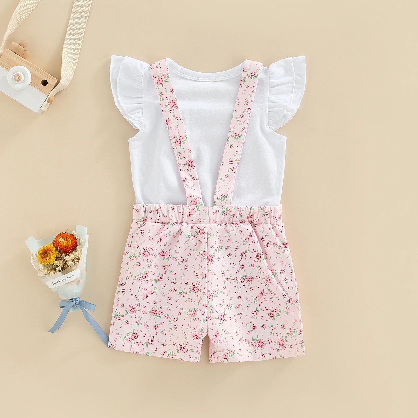 Kids Clothes Girls Summer Outfits Children Clothing Short Sleeve Round Neck Tops + Flowers Printed Suspender Short Pants Set Leedoar