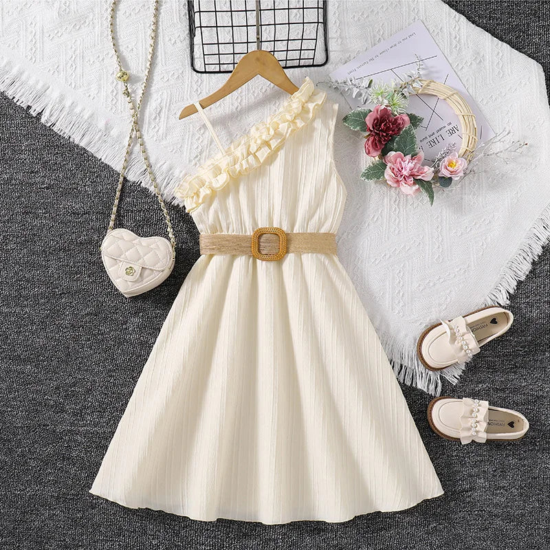 Kids Dress For Girls 4-12 Years Summer Girls Sleeveless Skirt With Diagonal Lace And Belt Korean Elegant Classic Style Leedoar