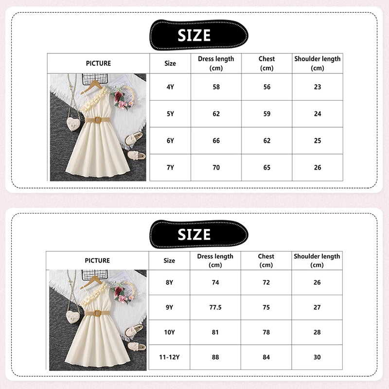 Kids Dress For Girls 4-12 Years Summer Girls Sleeveless Skirt With Diagonal Lace And Belt Korean Elegant Classic Style Leedoar