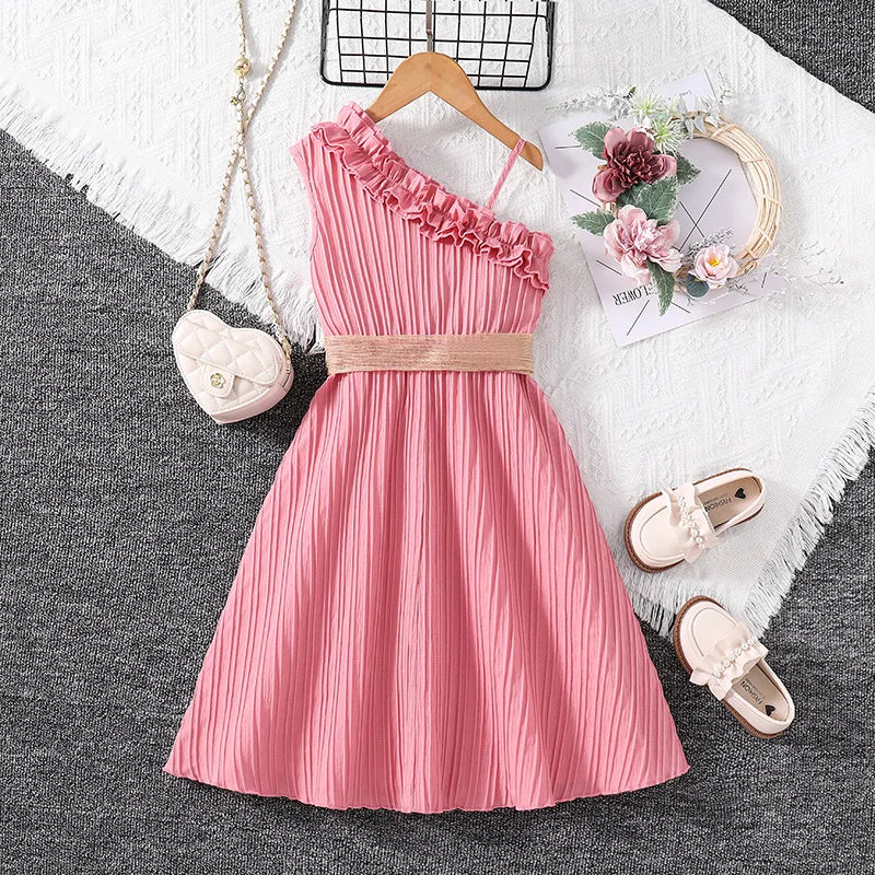 Kids Dress For Girls 4-12 Years Summer Girls Sleeveless Skirt With Diagonal Lace And Belt Korean Elegant Classic Style Leedoar