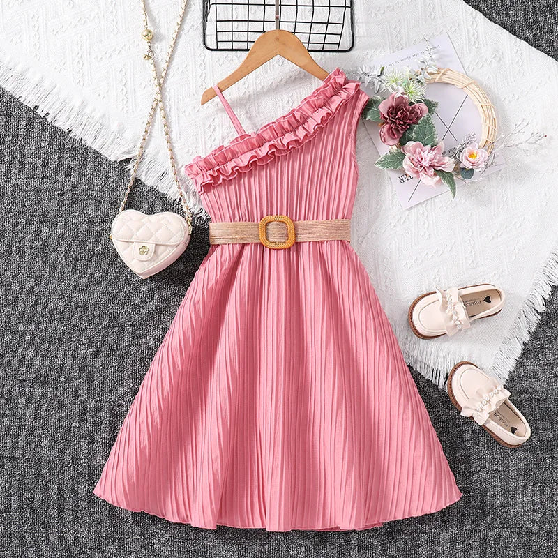 Kids Dress For Girls 4-12 Years Summer Girls Sleeveless Skirt With Diagonal Lace And Belt Korean Elegant Classic Style Leedoar