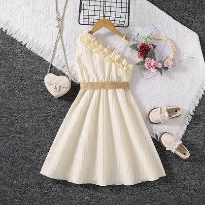 Kids Dress For Girls 4-12 Years Summer Girls Sleeveless Skirt With Diagonal Lace And Belt Korean Elegant Classic Style Leedoar