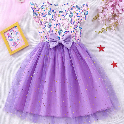 Kids Dress for Baby Girls Clothing Short Sleeve Summer Casual Children Clothes Butterfly Unicorn Girls Dress 3 4 5 6 7 Years Old Leedoar