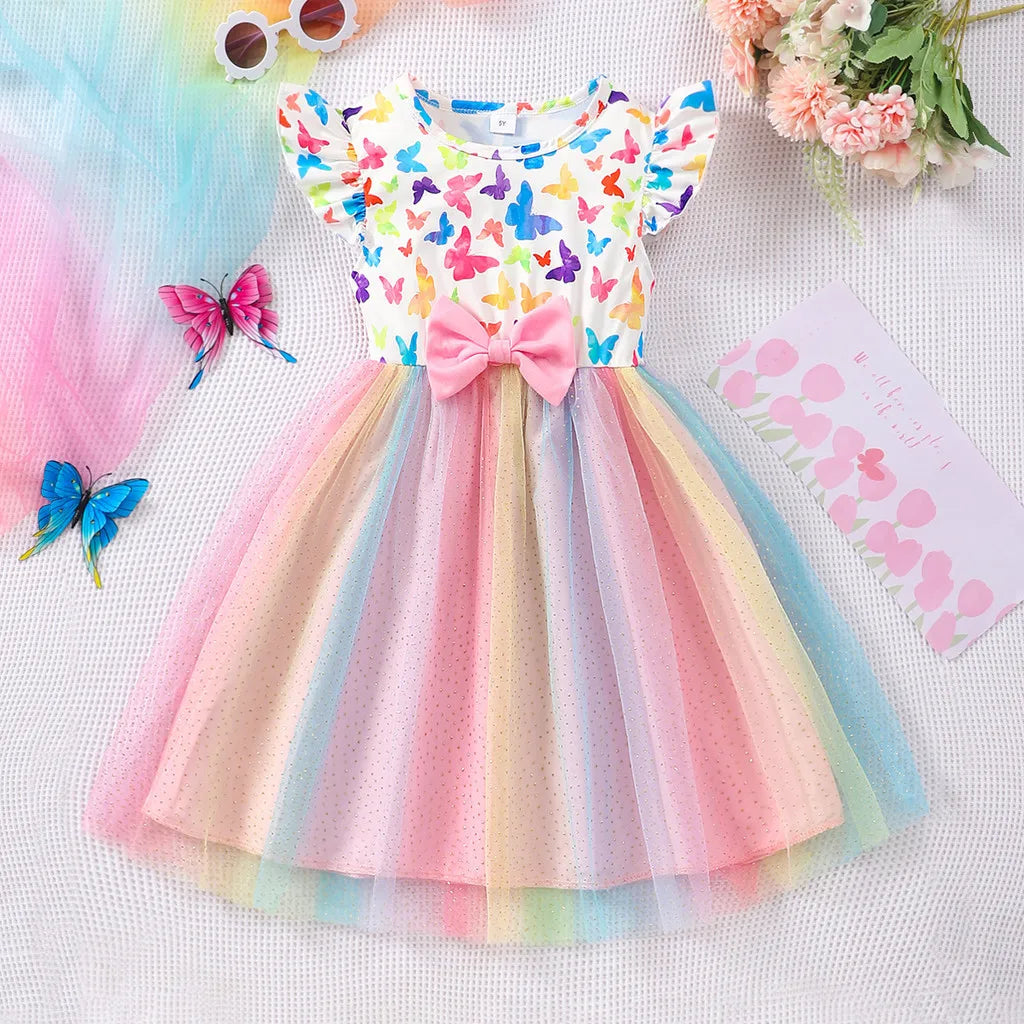 Kids Dress for Baby Girls Clothing Short Sleeve Summer Casual Children Clothes Butterfly Unicorn Girls Dress 3 4 5 6 7 Years Old Leedoar