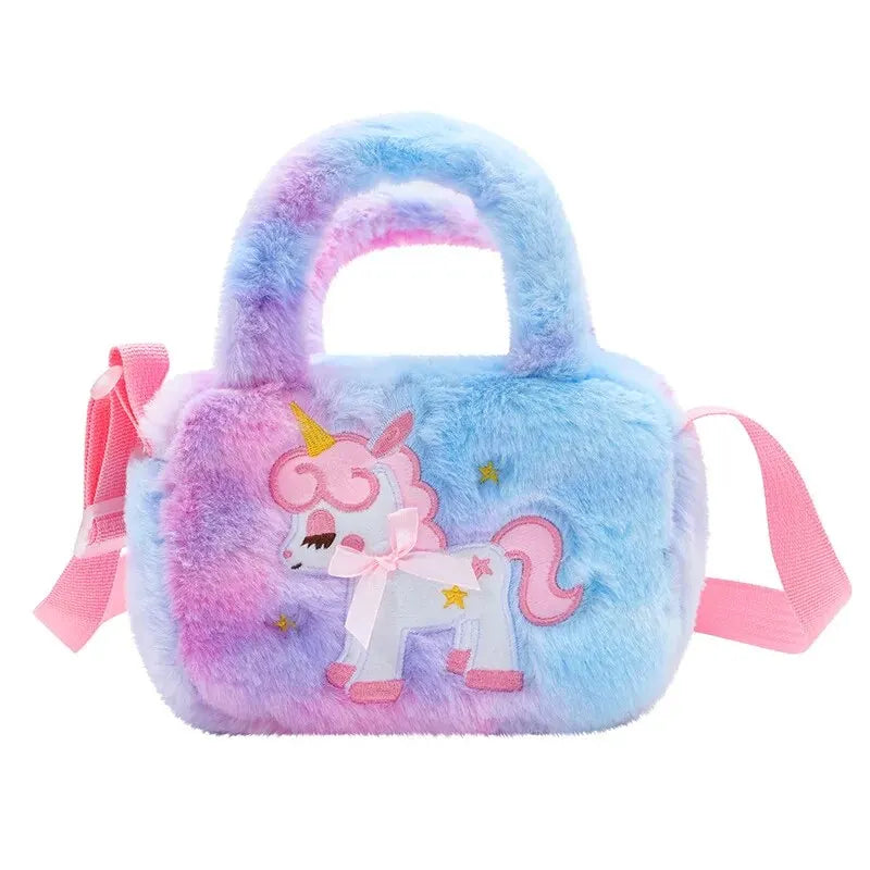 Kids Embroidery Unicorn Plush Toy Crossbody Purses Handbags Little Girls Rainbow Fluffy Purse Cute Cartoon Furry Shoulder Bag Leedoar