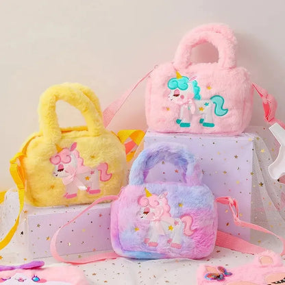 Kids Embroidery Unicorn Plush Toy Crossbody Purses Handbags Little Girls Rainbow Fluffy Purse Cute Cartoon Furry Shoulder Bag Leedoar