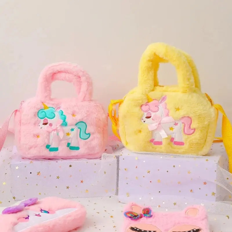 Kids Embroidery Unicorn Plush Toy Crossbody Purses Handbags Little Girls Rainbow Fluffy Purse Cute Cartoon Furry Shoulder Bag Leedoar