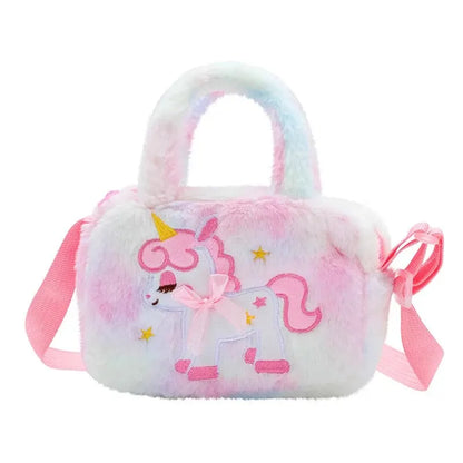 Kids Embroidery Unicorn Plush Toy Crossbody Purses Handbags Little Girls Rainbow Fluffy Purse Cute Cartoon Furry Shoulder Bag Leedoar