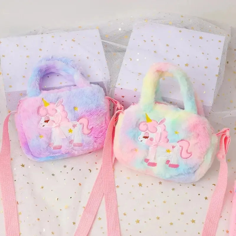 Kids Embroidery Unicorn Plush Toy Crossbody Purses Handbags Little Girls Rainbow Fluffy Purse Cute Cartoon Furry Shoulder Bag Leedoar