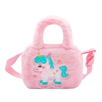 Kids Embroidery Unicorn Plush Toy Crossbody Purses Handbags Little Girls Rainbow Fluffy Purse Cute Cartoon Furry Shoulder Bag Leedoar