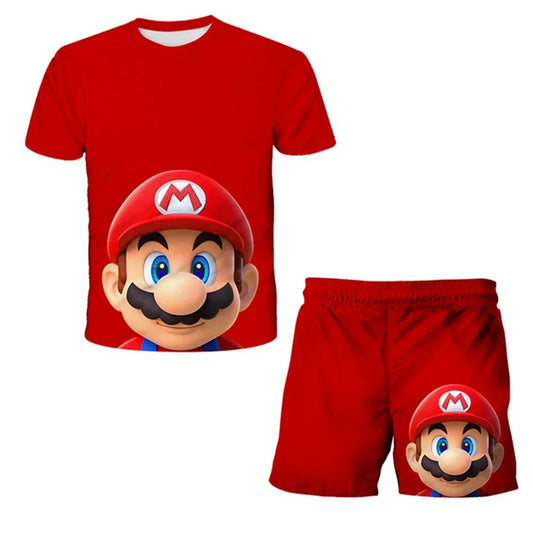 Conjunto de camiseta de Super Mario Bros para niños, 2 piezas, ropa deportiva de verano, camiseta, pantalones cortos, jogging, fitness, manga corta, informal, deportivo 