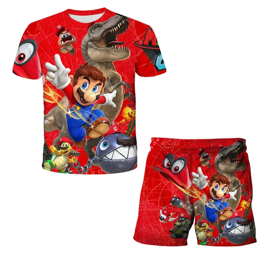 Kids Super Marios Bros Tshirt Set 2pcs Clothes Summer Sportswear T-shirt Shorts Jogging Fitness Boys Short Sleeve Casual Sports Leedoar