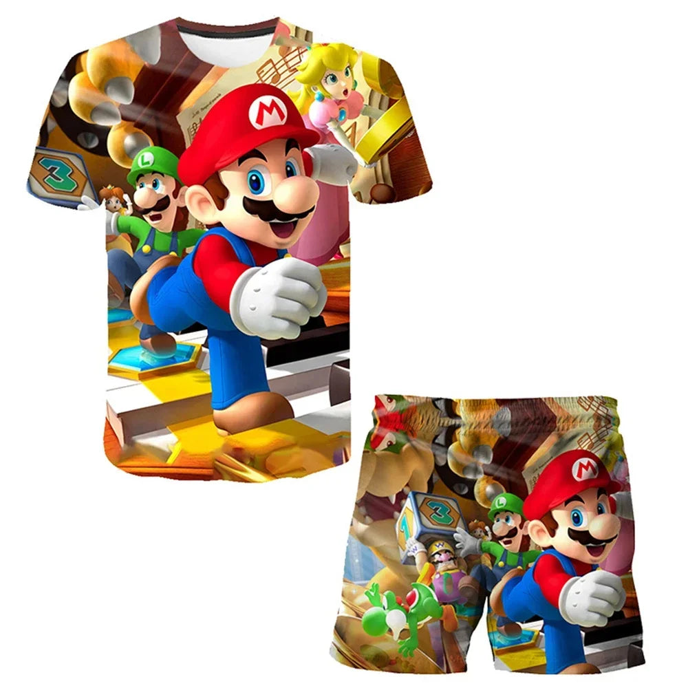 Kids Super Marios Bros Tshirt Set 2pcs Clothes Summer Sportswear T-shirt Shorts Jogging Fitness Boys Short Sleeve Casual Sports Leedoar