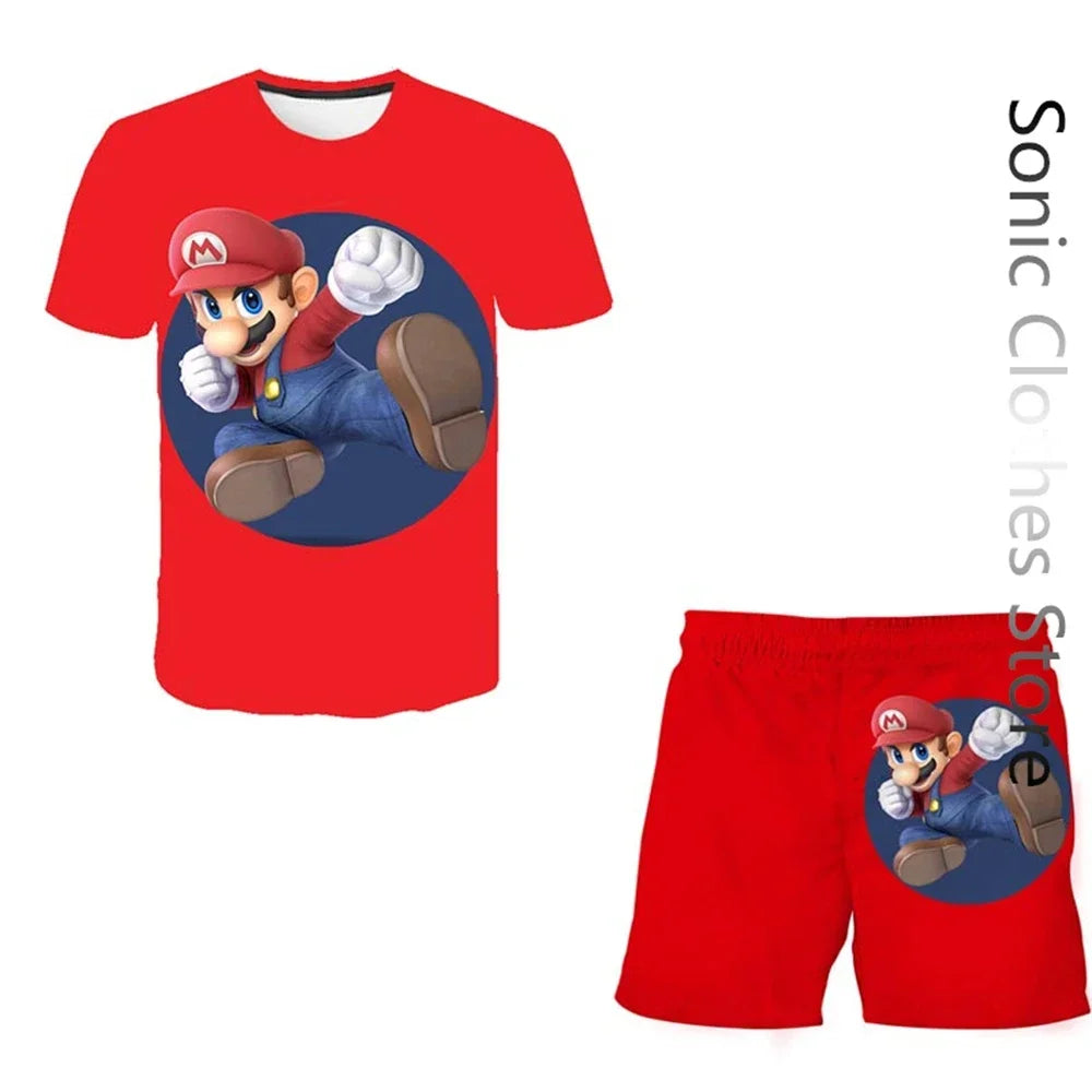 Kids Super Marios Bros Tshirt Set 2pcs Clothes Summer Sportswear T-shirt Shorts Jogging Fitness Boys Short Sleeve Casual Sports Leedoar