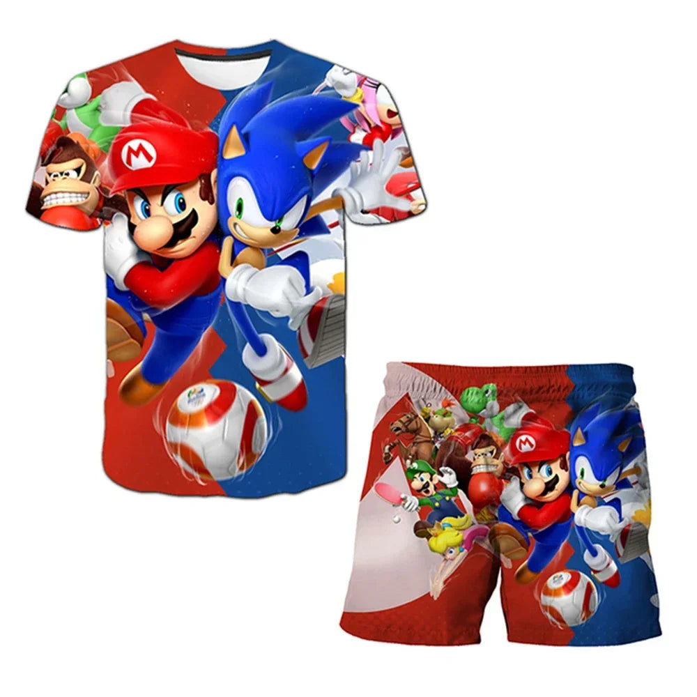 Kids Super Marios Bros Tshirt Set 2pcs Clothes Summer Sportswear T-shirt Shorts Jogging Fitness Boys Short Sleeve Casual Sports Leedoar