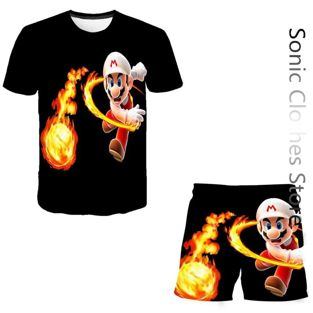 Kids Super Marios Bros Tshirt Set 2pcs Clothes Summer Sportswear T-shirt Shorts Jogging Fitness Boys Short Sleeve Casual Sports Leedoar