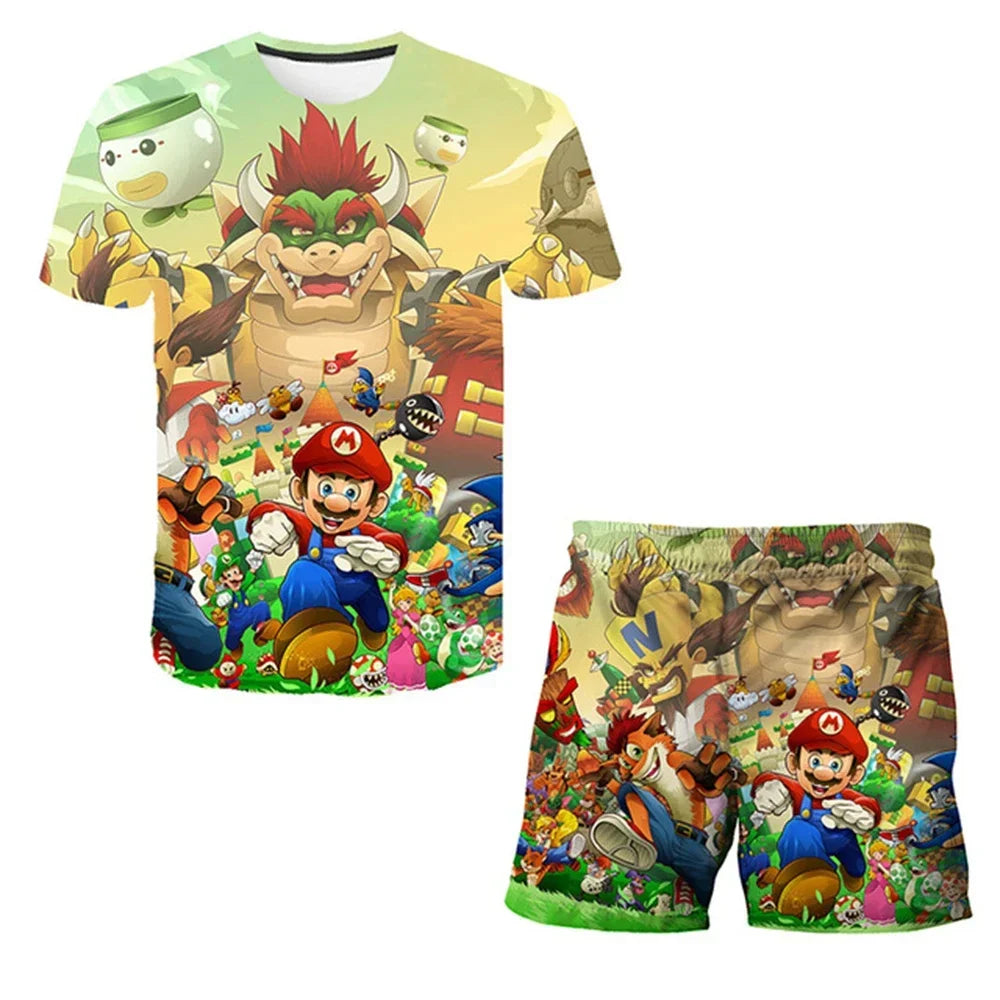 Kids Super Marios Bros Tshirt Set 2pcs Clothes Summer Sportswear T-shirt Shorts Jogging Fitness Boys Short Sleeve Casual Sports Leedoar