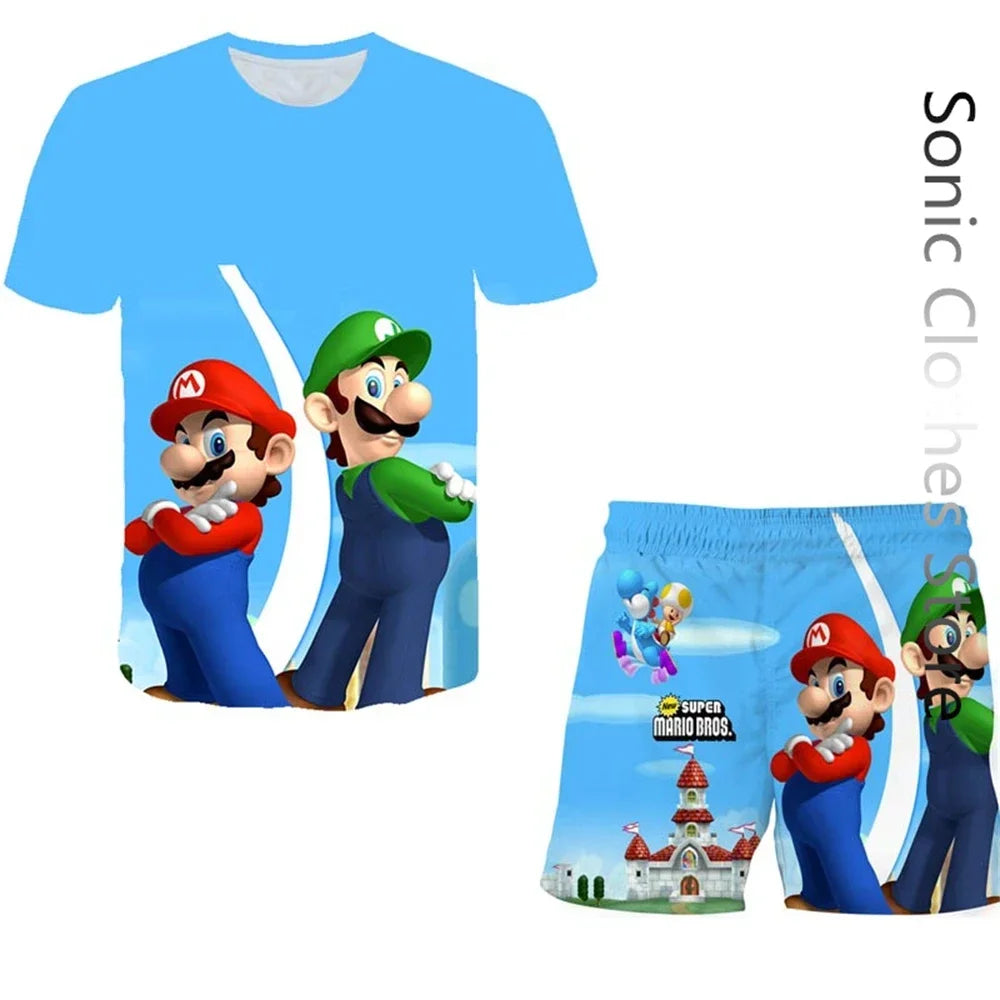 Kids Super Marios Bros Tshirt Set 2pcs Clothes Summer Sportswear T-shirt Shorts Jogging Fitness Boys Short Sleeve Casual Sports Leedoar