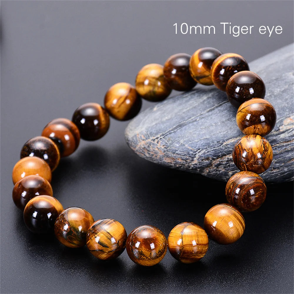 Kirykle Fashion Tiger Eye Bangles Men 4-12mm Natural Energy Stone Beads Reiki Healing Bracelets for Women Jewelry Pulseras Gifts Leedoar