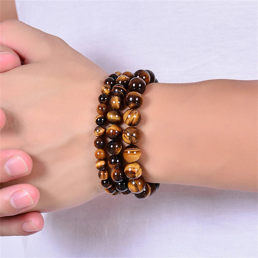 Kirykle Fashion Tiger Eye Bangles Men 4-12mm Natural Energy Stone Beads Reiki Healing Bracelets for Women Jewelry Pulseras Gifts Leedoar