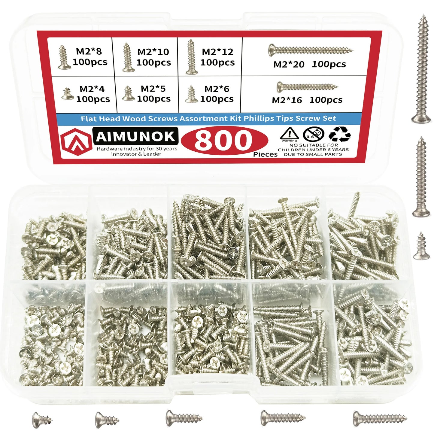 Kit surtido de tornillos autorroscantes M2, juego de tuercas de bloqueo, tornillos de rosca de madera, autobloqueo, 800 piezas Leedoar