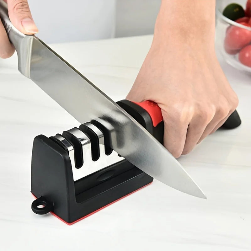 Kitchen 3/4 Segment Cutter Knife Sharpener Household Multifunctional Handheld Three-purpose Black with Non-slip Bottom Sharpening Stone Leedoar