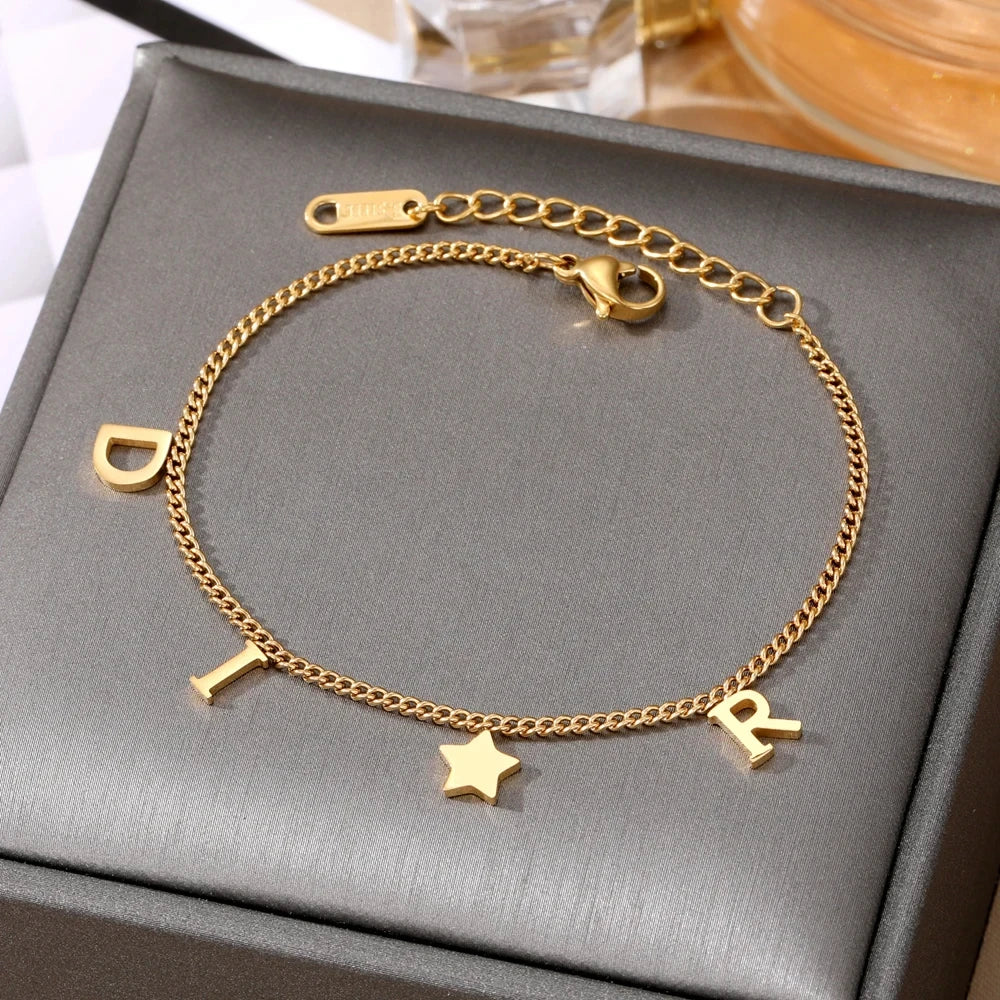 Korea New Fashion Letter Star Pendant Bracelet Woman Simple Vintage Stainless Steel Bracelet Luxury Jewelry Accessories Gifts Leedoar