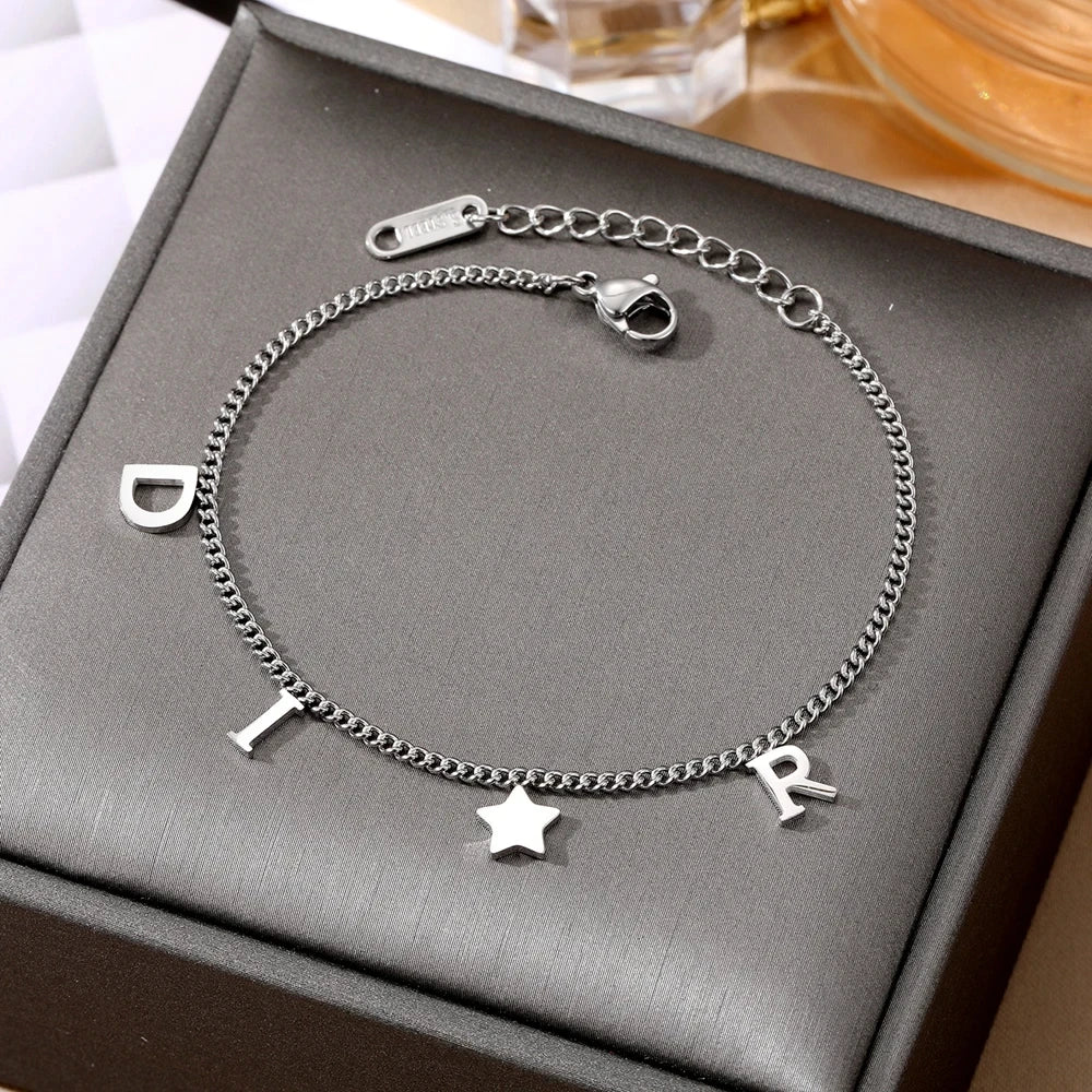 Korea New Fashion Letter Star Pendant Bracelet Woman Simple Vintage Stainless Steel Bracelet Luxury Jewelry Accessories Gifts Leedoar
