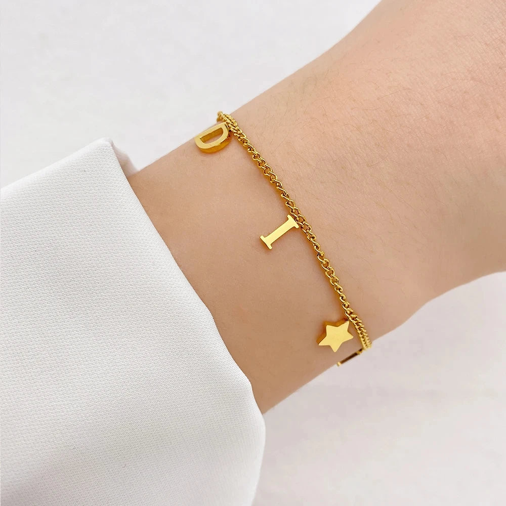 Korea New Fashion Letter Star Pendant Bracelet Woman Simple Vintage Stainless Steel Bracelet Luxury Jewelry Accessories Gifts Leedoar