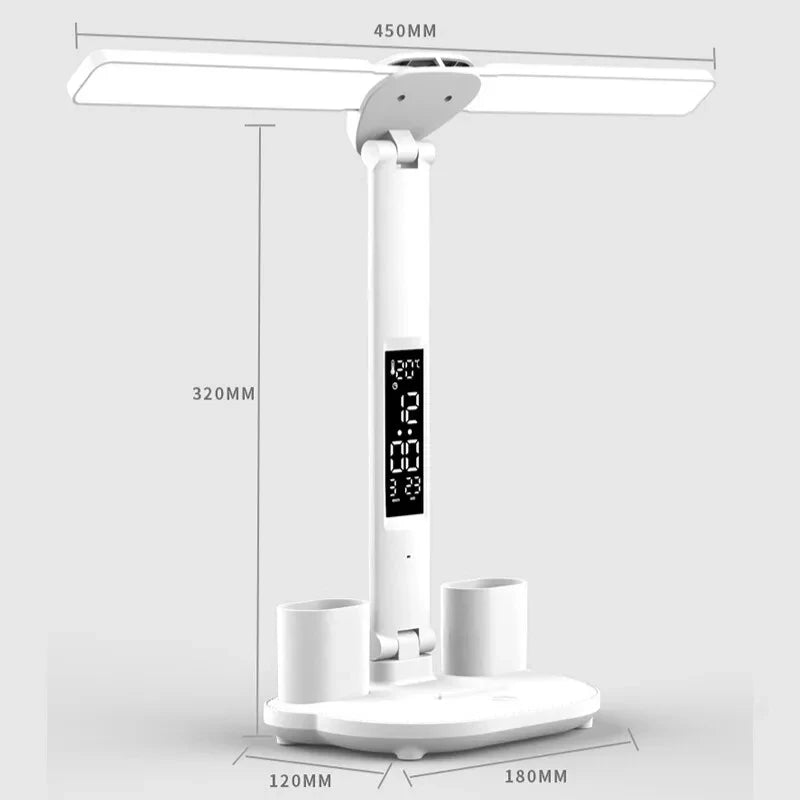 LED Clock Table Lamp USB Chargeable Dimmable Desk Lamp 2 Heads 180 Rotate Foldable Eye Protection Reading Night Light Leedoar