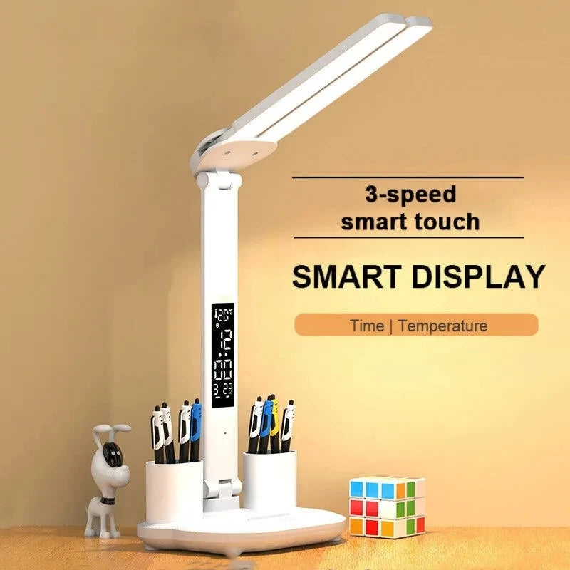 LED Clock Table Lamp USB Chargeable Dimmable Desk Lamp 2 Heads 180 Rotate Foldable Eye Protection Reading Night Light Leedoar