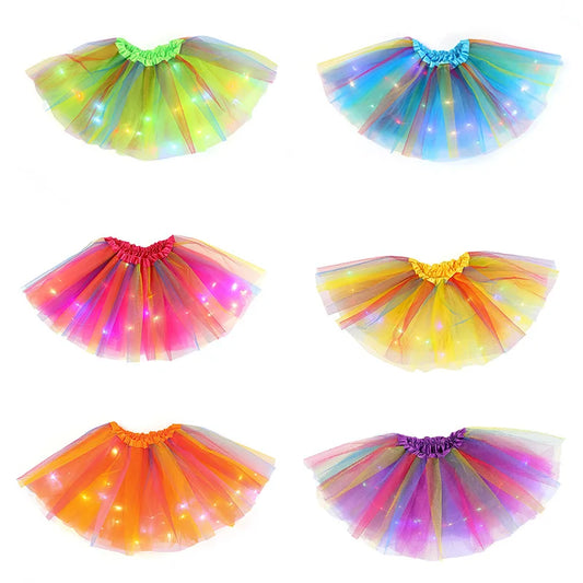 LED Glowing Light Girls Skirts Ballet Dance Rainbow Tulle Skirt Short Tutu Ballet Dancewear Party Costume Ball Gown Mini Skirt Leedoar