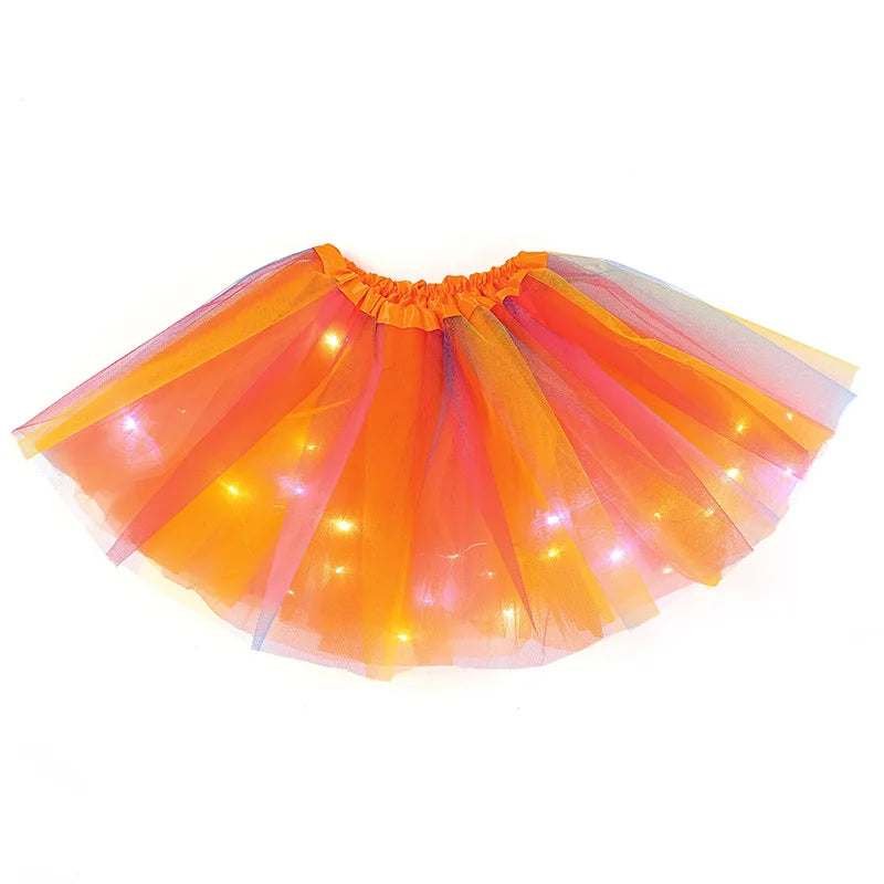 LED Glowing Light Girls Skirts Ballet Dance Rainbow Tulle Skirt Short Tutu Ballet Dancewear Party Costume Ball Gown Mini Skirt Leedoar