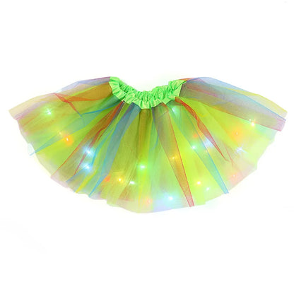 LED Glowing Light Girls Skirts Ballet Dance Rainbow Tulle Skirt Short Tutu Ballet Dancewear Party Costume Ball Gown Mini Skirt Leedoar