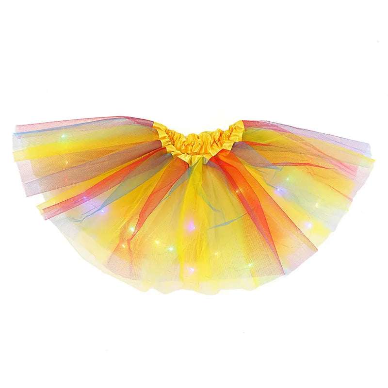 LED Glowing Light Girls Skirts Ballet Dance Rainbow Tulle Skirt Short Tutu Ballet Dancewear Party Costume Ball Gown Mini Skirt Leedoar