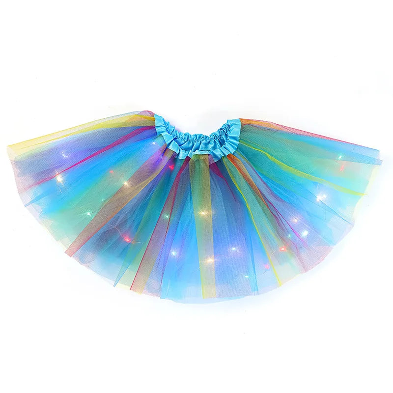 LED Glowing Light Girls Skirts Ballet Dance Rainbow Tulle Skirt Short Tutu Ballet Dancewear Party Costume Ball Gown Mini Skirt Leedoar