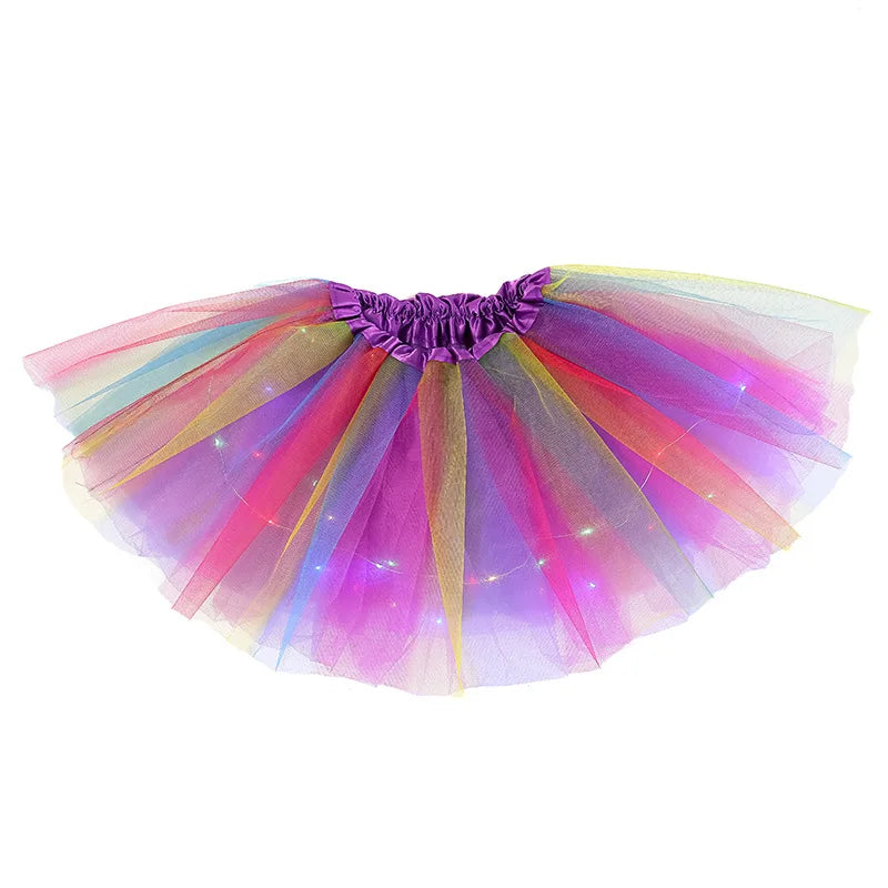 LED Glowing Light Girls Skirts Ballet Dance Rainbow Tulle Skirt Short Tutu Ballet Dancewear Party Costume Ball Gown Mini Skirt Leedoar