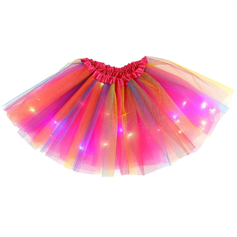 LED Glowing Light Girls Skirts Ballet Dance Rainbow Tulle Skirt Short Tutu Ballet Dancewear Party Costume Ball Gown Mini Skirt Leedoar