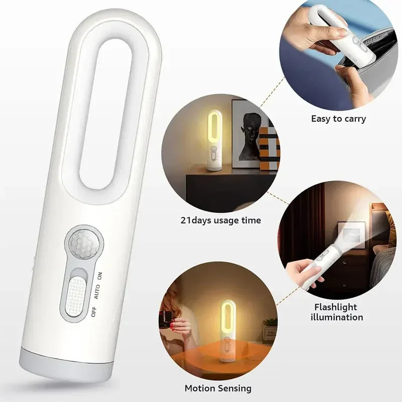 Luz nocturna con sensor de movimiento LED 2 en 1, linterna portátil con sensor de anochecer a amanecer para dormitorio, baño, lectura y acampada 