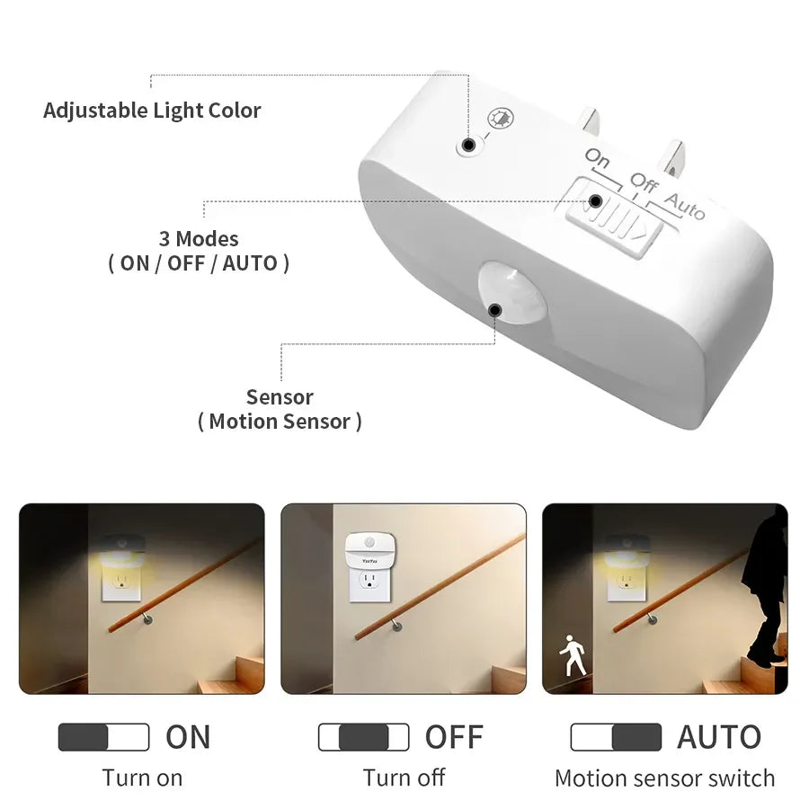 Lámpara LED de noche con sensor de movimiento, enchufe UE/EE. UU., luces de noche para decoración de dormitorio infantil, pasillo, escaleras, WC, mesita de noche