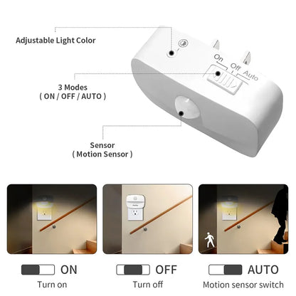 Luz noturna LED com sensor de movimento, plugue UE e EUA, lâmpada noturna para decoração de quarto de crianças, corredor, escadas, banheiro, cabeceira, lâmpada noturna