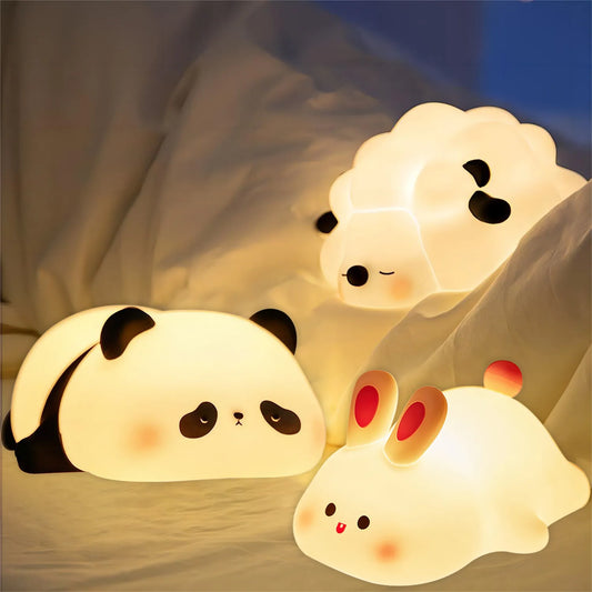 Luzes noturnas LED, ovelha fofa, panda, coelho, lâmpada de silicone, recarregável por USB, temporizador, decoração de cabeceira, luz noturna para crianças, presente de aniversário 