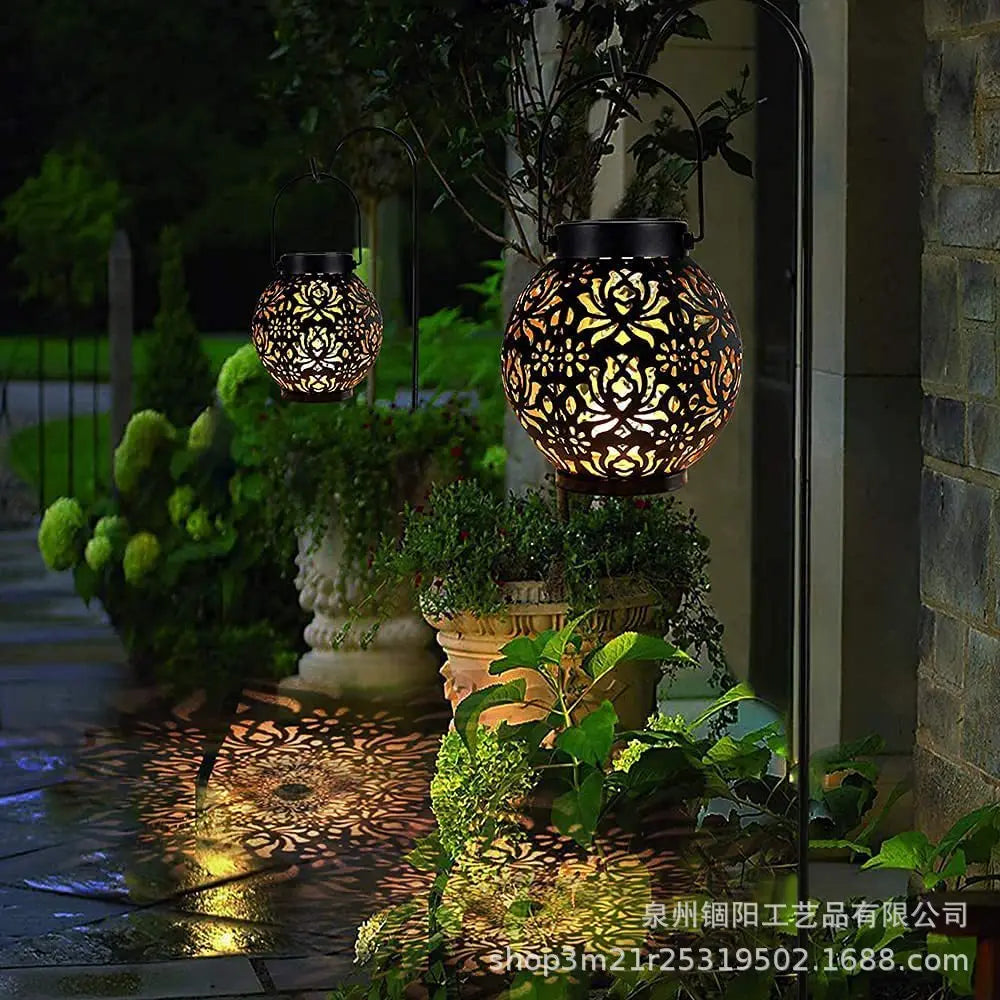 LED Solar Lantern Light Hollow Wrought Iron Projection Light Hanging Lamps Outdoor Waterproof Yard Garden Art Decoration Leedoar