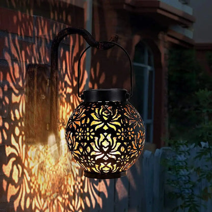 LED Solar Lantern Light Hollow Wrought Iron Projection Light Hanging Lamps Outdoor Waterproof Yard Garden Art Decoration Leedoar