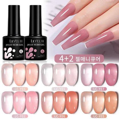 LILYCUTE - Juego de 6 esmaltes de uñas en gel semipermanentes translúcidos de color rosa gelatinoso y nude de 7 ml para manicura artística 