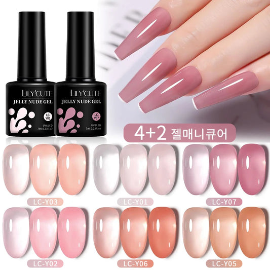 LILYCUTE 6PCS/SET 7ml Jelly Pink Nude Translucent Gel Nail Polish Set Semi Permanent Soak Off Nail Art Manicure Gel Set Leedoar