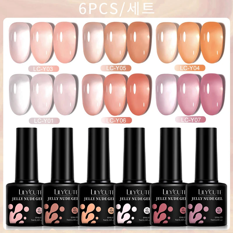 LILYCUTE - Juego de 6 esmaltes de uñas en gel semipermanentes translúcidos de color rosa gelatinoso y nude de 7 ml para manicura artística 