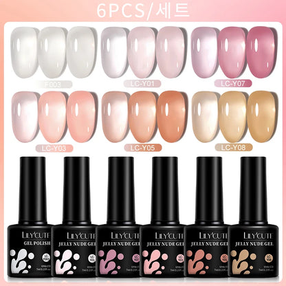 LILYCUTE - Juego de 6 esmaltes de uñas en gel semipermanentes translúcidos de color rosa gelatinoso y nude de 7 ml para manicura artística 